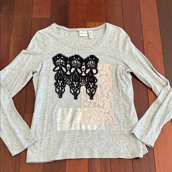 Chico's Gray Top with Black and Pink Lace Accents - Picture 1 of 3